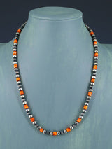 20" Spiny Oyster and Sterling Silver Bead Necklace - PuebloDirect.com