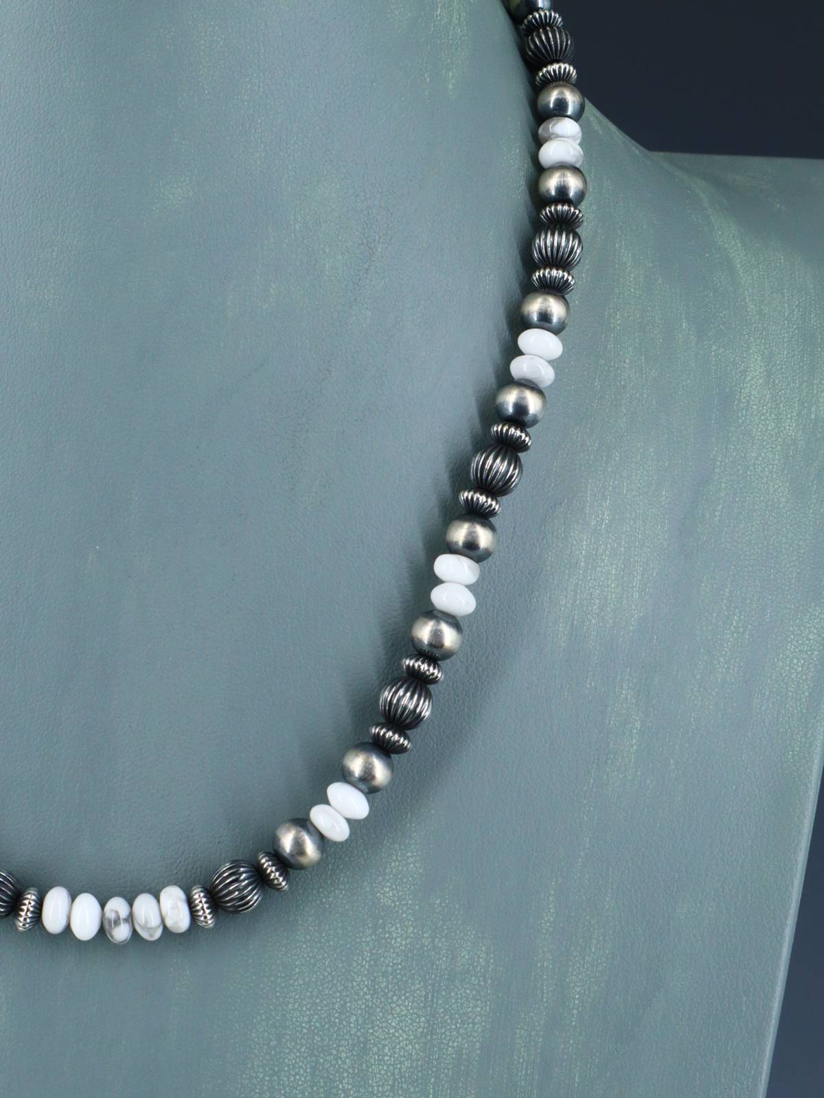 18" White Marble and Sterling Silver Bead Necklace - PuebloDirect.com