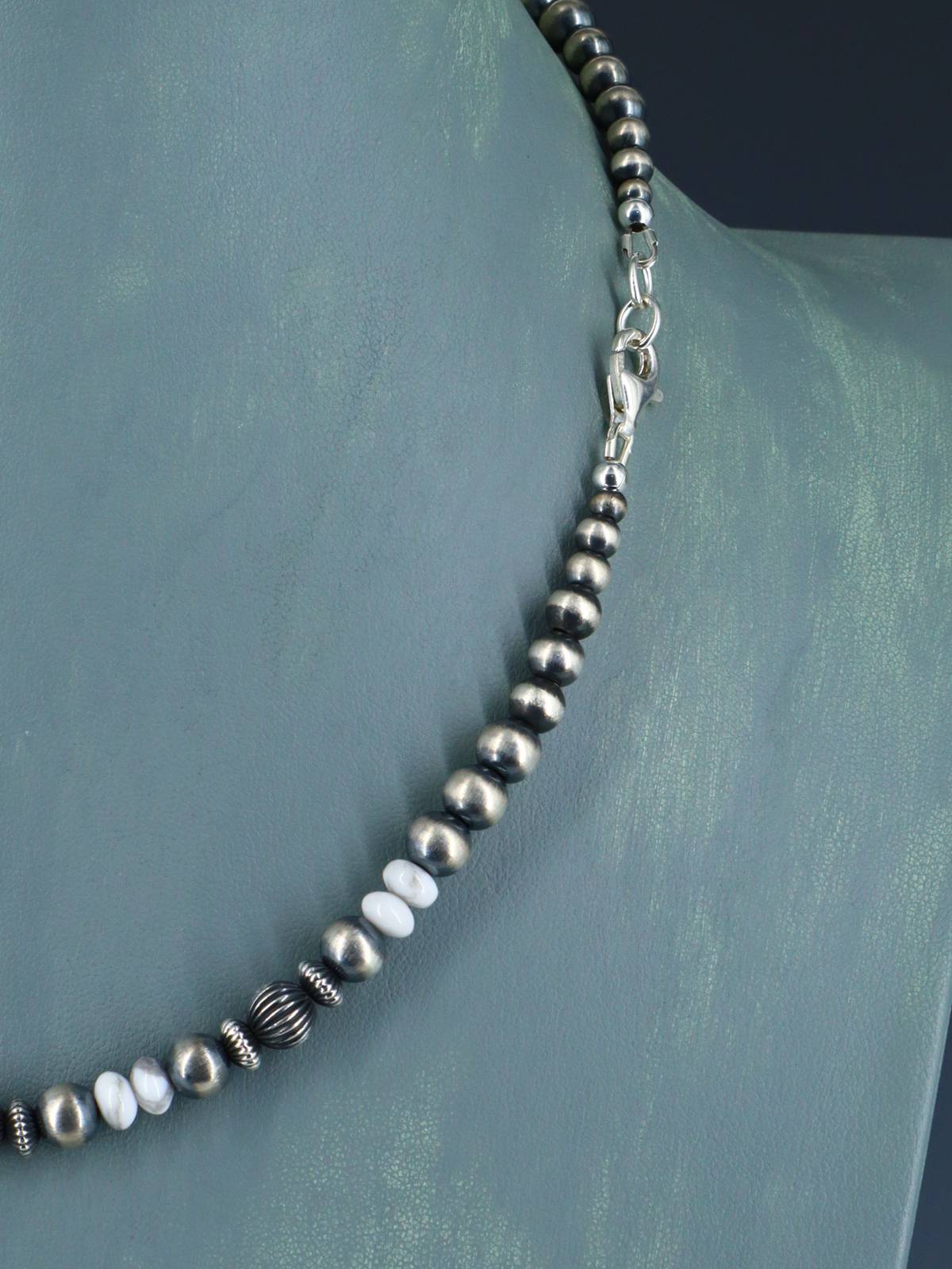 18" White Marble and Sterling Silver Bead Necklace - PuebloDirect.com