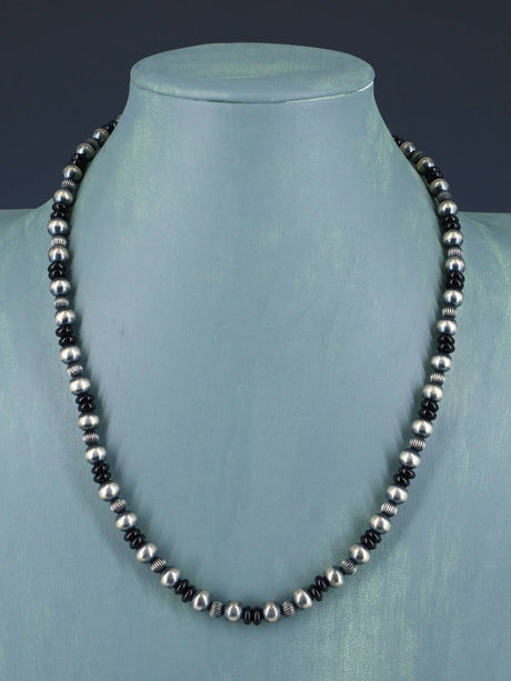 20" Black Onyx and Sterling Silver Bead Necklace - PuebloDirect.com