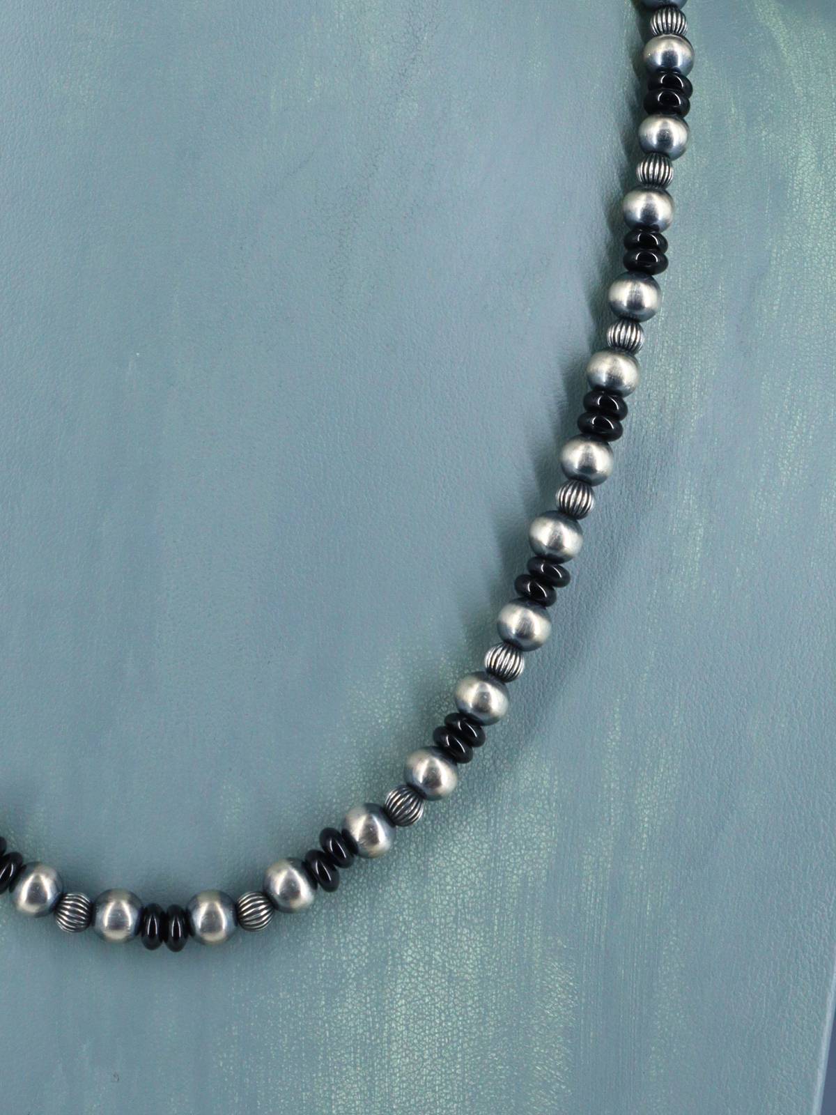 20" Black Onyx and Sterling Silver Bead Necklace - PuebloDirect.com