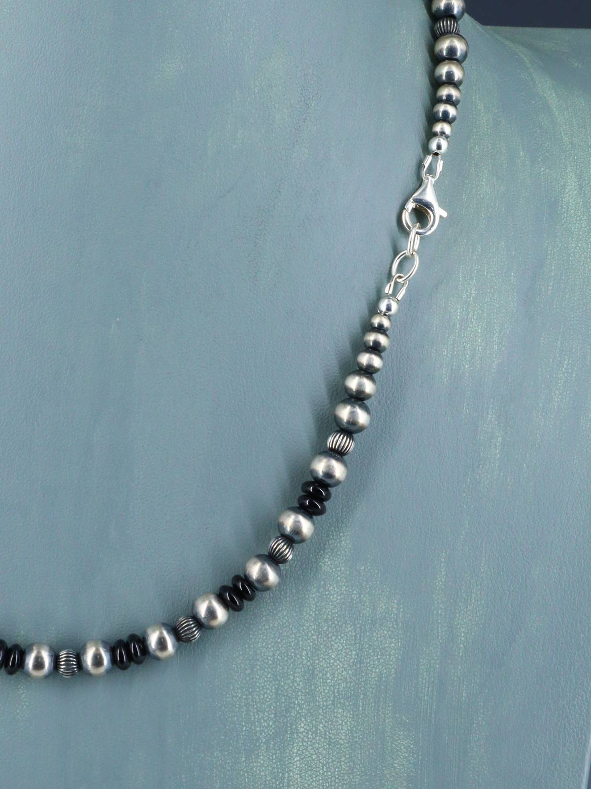 20" Black Onyx and Sterling Silver Bead Necklace - PuebloDirect.com