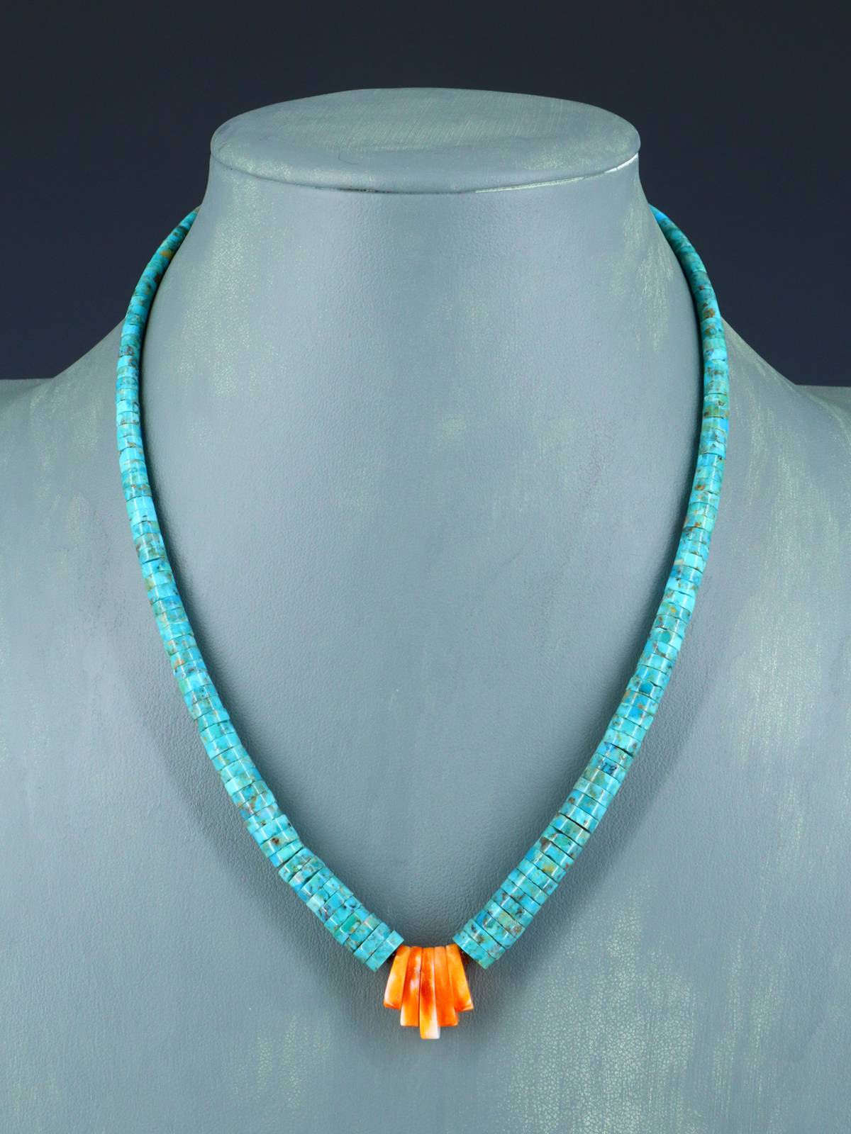 Native American Jewelry Single Strand Turquoise and Spiny Oyster Necklace - PuebloDirect.com