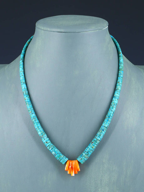 Native American Jewelry Single Strand Turquoise and Spiny Oyster Necklace - PuebloDirect.com