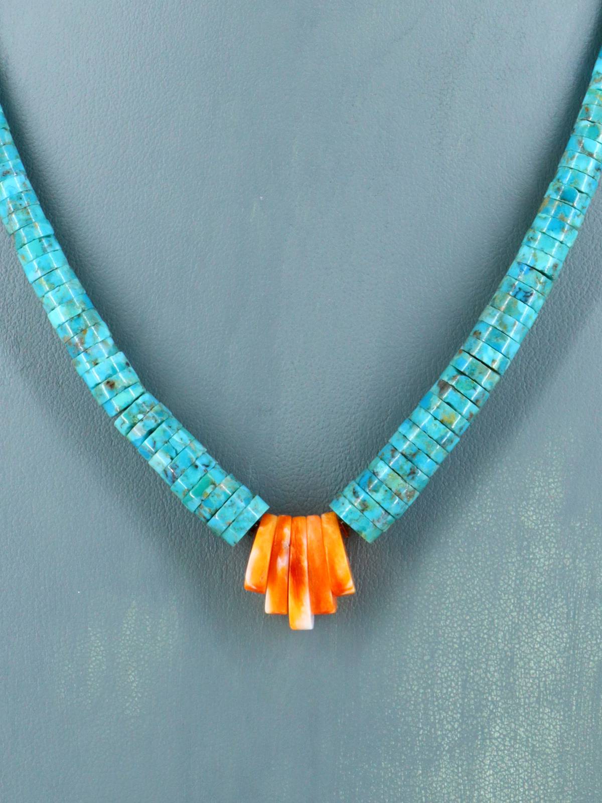 Native American Jewelry Single Strand Turquoise and Spiny Oyster Necklace - PuebloDirect.com