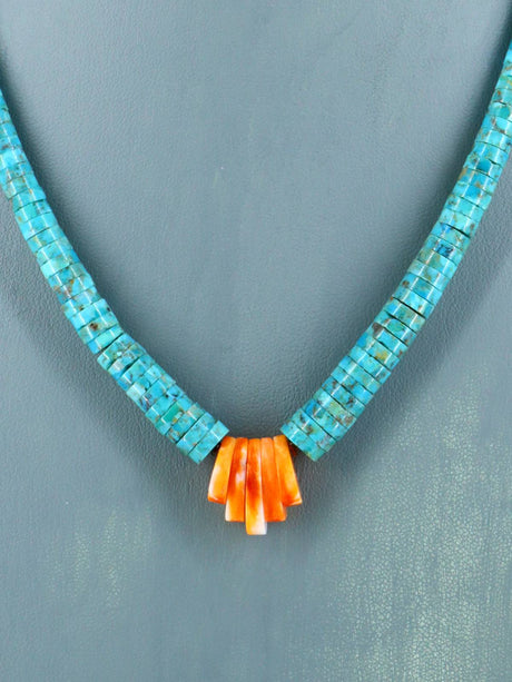 Native American Jewelry Single Strand Turquoise and Spiny Oyster Necklace - PuebloDirect.com