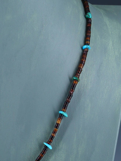 Native American Single Strand Shell Heishi and Turquoise Necklace - PuebloDirect.com