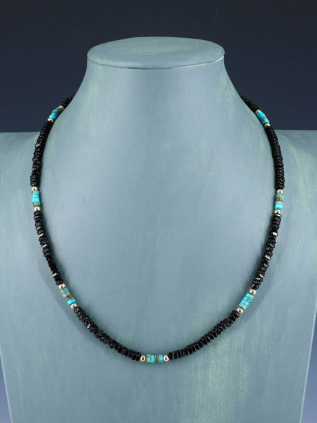 Native American Single Strand Jet and Turquoise Necklace - PuebloDirect.com