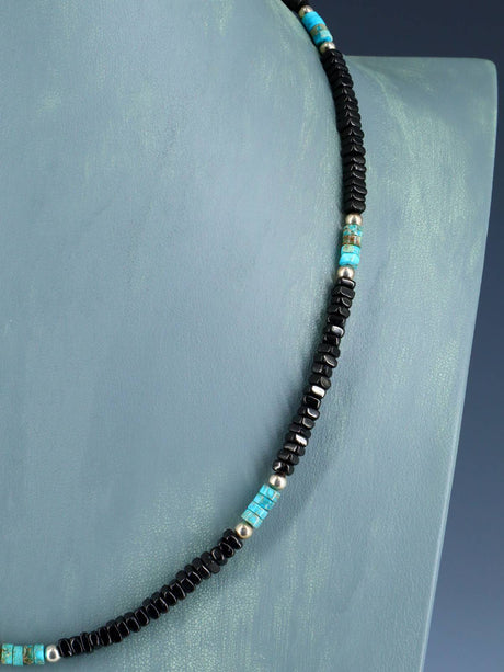 Native American Single Strand Jet and Turquoise Necklace - PuebloDirect.com