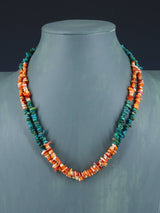 18" Native American Two Strand Turquoise and Spiny Oyster Necklace - PuebloDirect.com