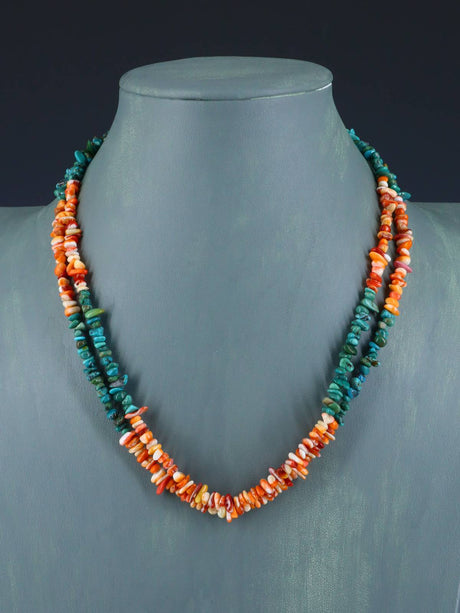 18" Native American Two Strand Turquoise and Spiny Oyster Necklace - PuebloDirect.com