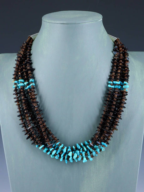 Native American Santo Domingo Turquoise and Abalone Five Strand Necklace - PuebloDirect.com