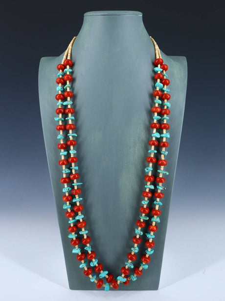 Native American Two Strand Apple Coral and Turquoise Necklace - PuebloDirect.com