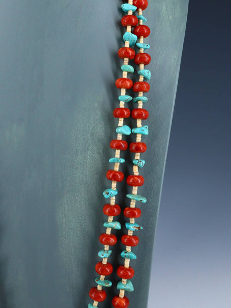 Native American Two Strand Apple Coral and Turquoise Necklace - PuebloDirect.com