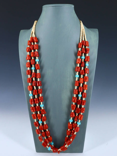 Native American Three Strand Apple Coral and Turquoise Necklace - PuebloDirect.com