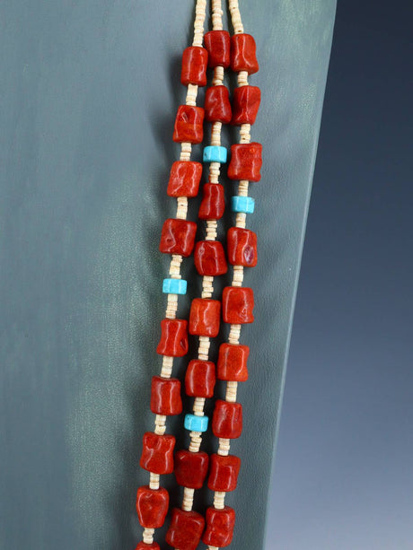 Native American Three Strand Apple Coral and Turquoise Necklace - PuebloDirect.com