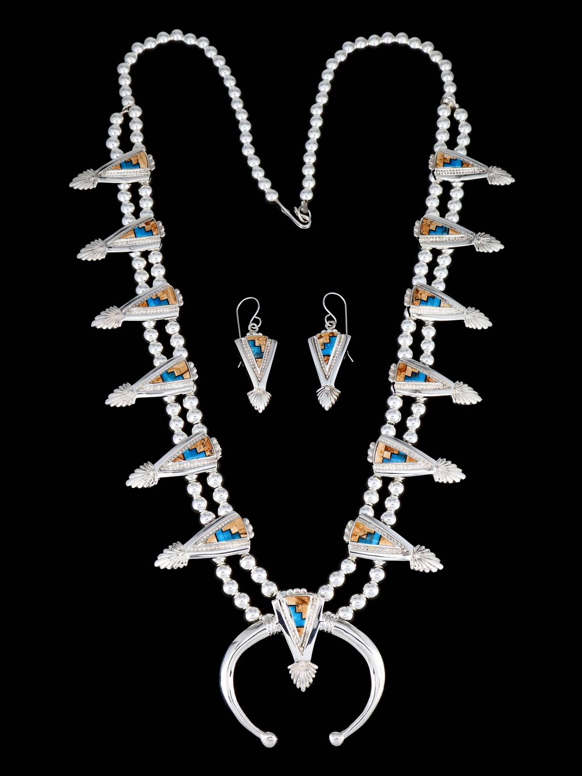 Navajo Inlay Multistone Sterling Silver Squash Blossom Necklace Set - PuebloDirect.com