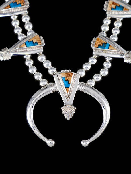Navajo Inlay Multistone Sterling Silver Squash Blossom Necklace Set - PuebloDirect.com