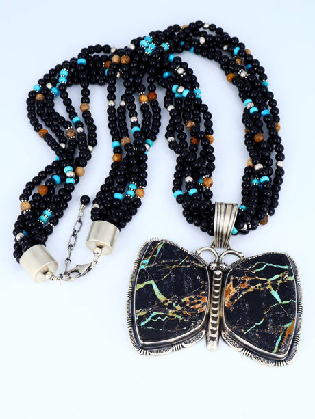 Native American Jewelry Blackjack Butterfly Beaded Onyx Necklace - PuebloDirect.com