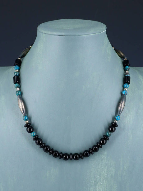18" Native American Turquoise and Onyx Beaded Choker Necklace Set - PuebloDirect.com