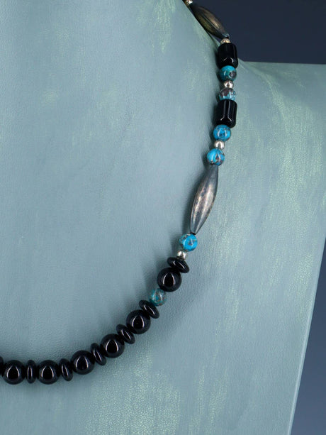 18" Native American Turquoise and Onyx Beaded Choker Necklace Set - PuebloDirect.com