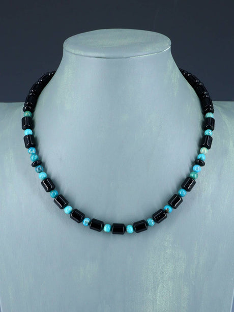 18" Native American Turquoise and Onyx Beaded Choker Necklace Set - PuebloDirect.com