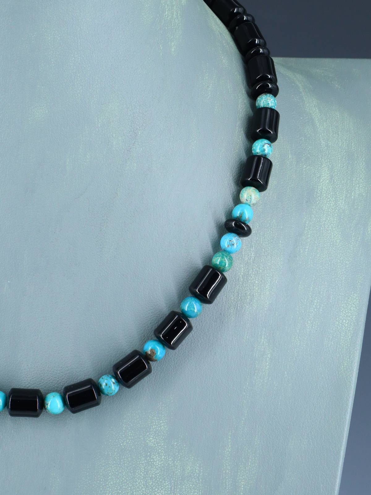 18" Native American Turquoise and Onyx Beaded Choker Necklace Set - PuebloDirect.com