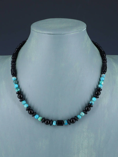 18" Native American Turquoise and Onyx Beaded Choker Necklace Set - PuebloDirect.com