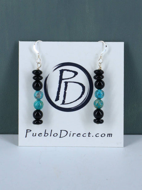 18" Native American Turquoise and Onyx Beaded Choker Necklace Set - PuebloDirect.com
