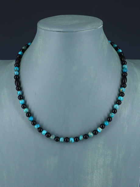 18" Native American Turquoise and Onyx Beaded Choker Necklace Set - PuebloDirect.com