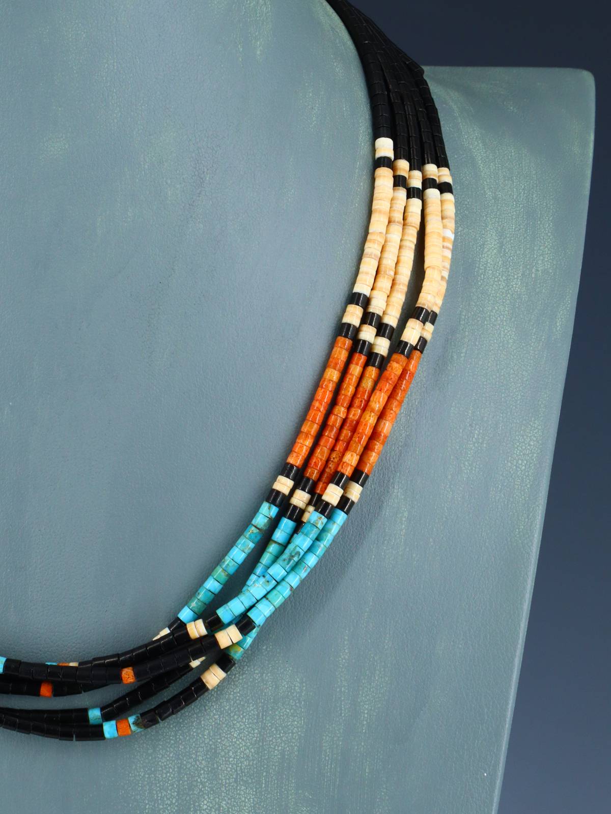 Santo Domingo Five Strand Apple Coral and Turquoise Necklace - PuebloDirect.com