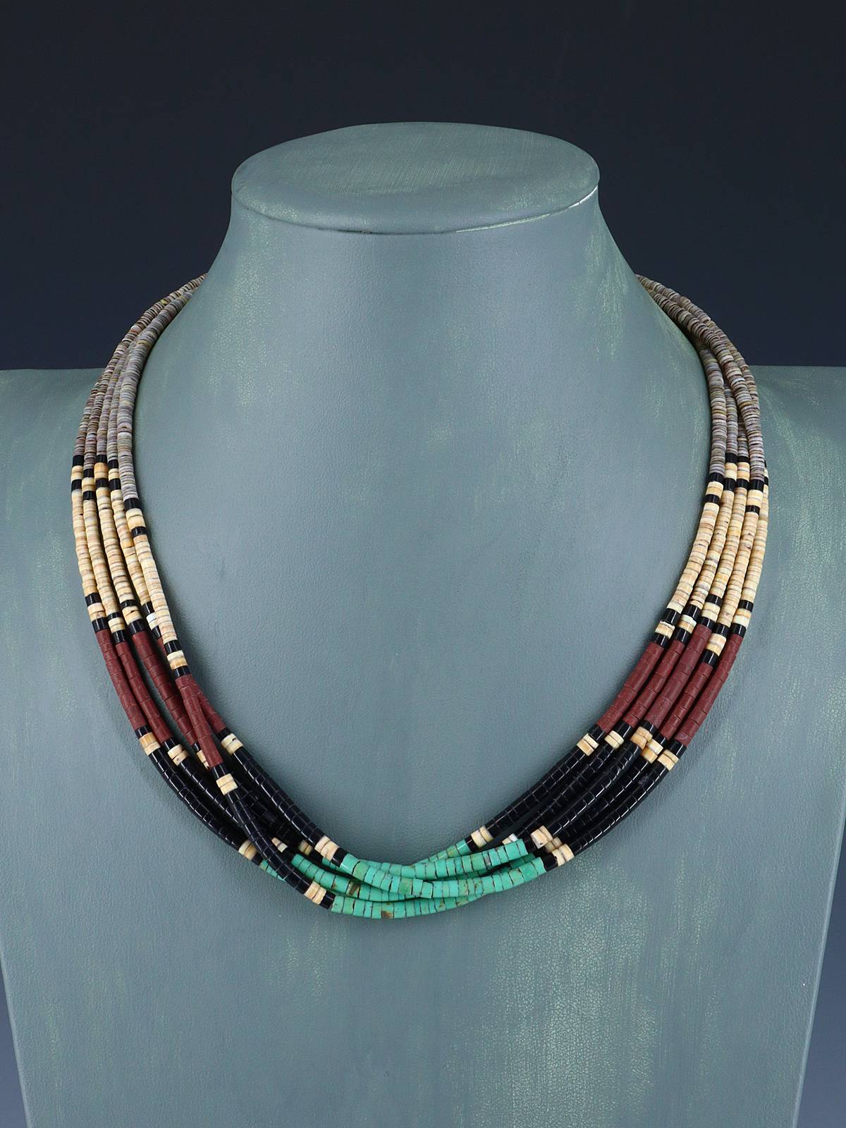 Santo Domingo Five Strand Shell Heishi and Turquoise Necklace - PuebloDirect.com