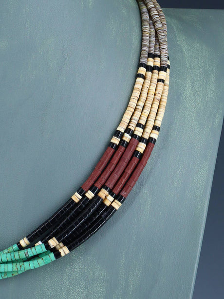 Santo Domingo Five Strand Shell Heishi and Turquoise Necklace - PuebloDirect.com
