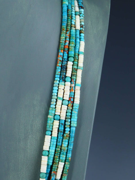 Southwest Five Strand Turquoise and Spiny Oyster Necklace - PuebloDirect.com