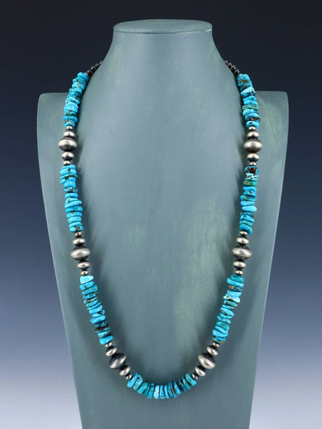 Native American Turquoise and Sterling Silver Beaded Necklace - PuebloDirect.com