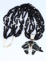 Native American Black Jade and Opalite Inlay Bear Pendant with Beaded Necklace - PuebloDirect.com