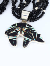 Native American Black Jade and Opalite Inlay Bear Pendant with Beaded Necklace - PuebloDirect.com