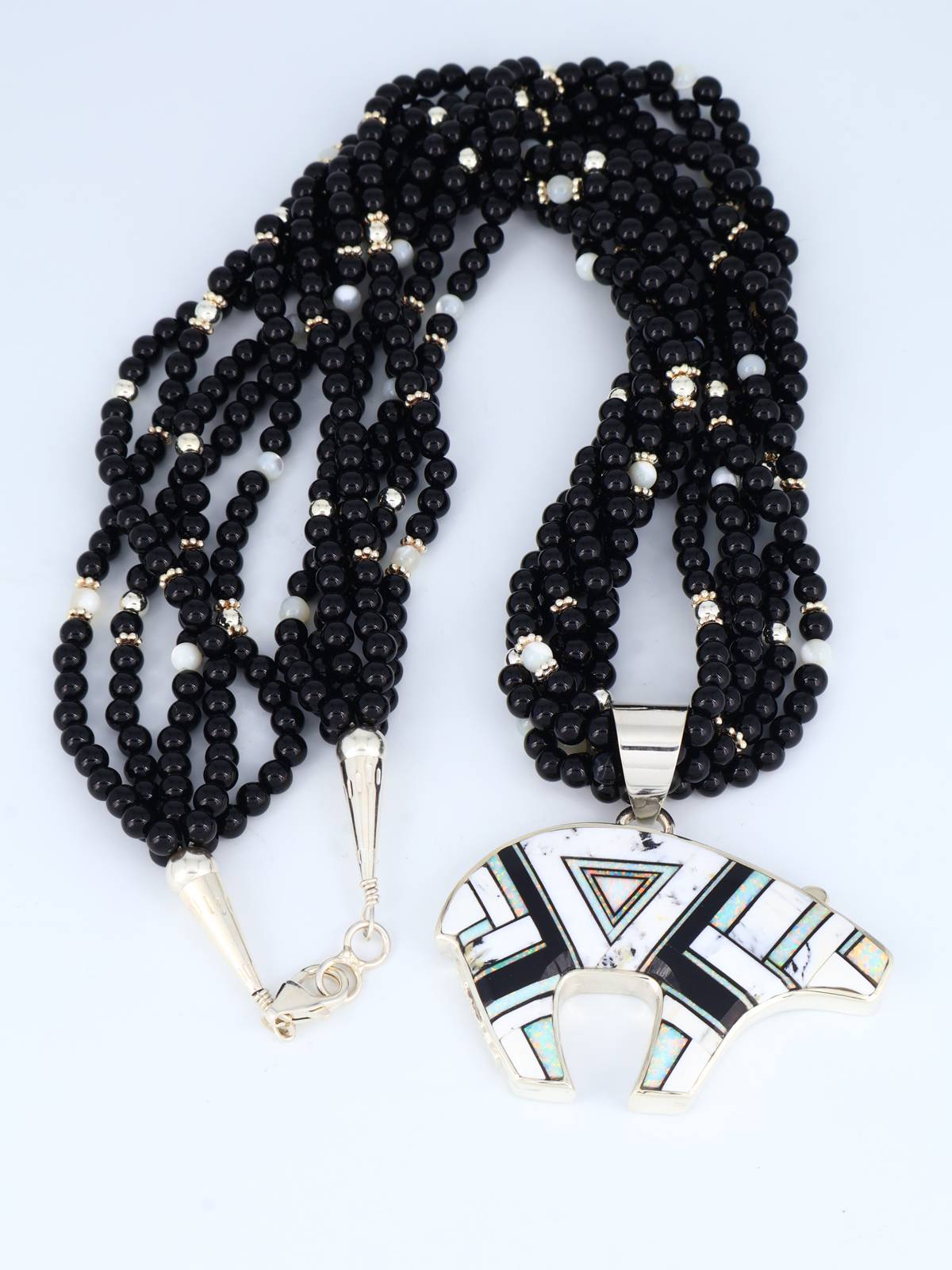 Navajo White Buffalo Inlay Reversible Bear Pendant Beaded Necklace - PuebloDirect.com