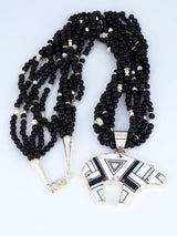 Navajo White Buffalo Inlay Reversible Bear Pendant Beaded Necklace - PuebloDirect.com