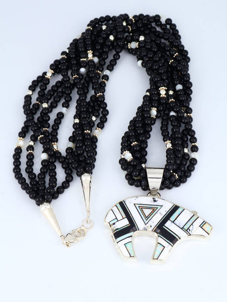 Navajo White Buffalo Inlay Reversible Bear Pendant Beaded Necklace - PuebloDirect.com