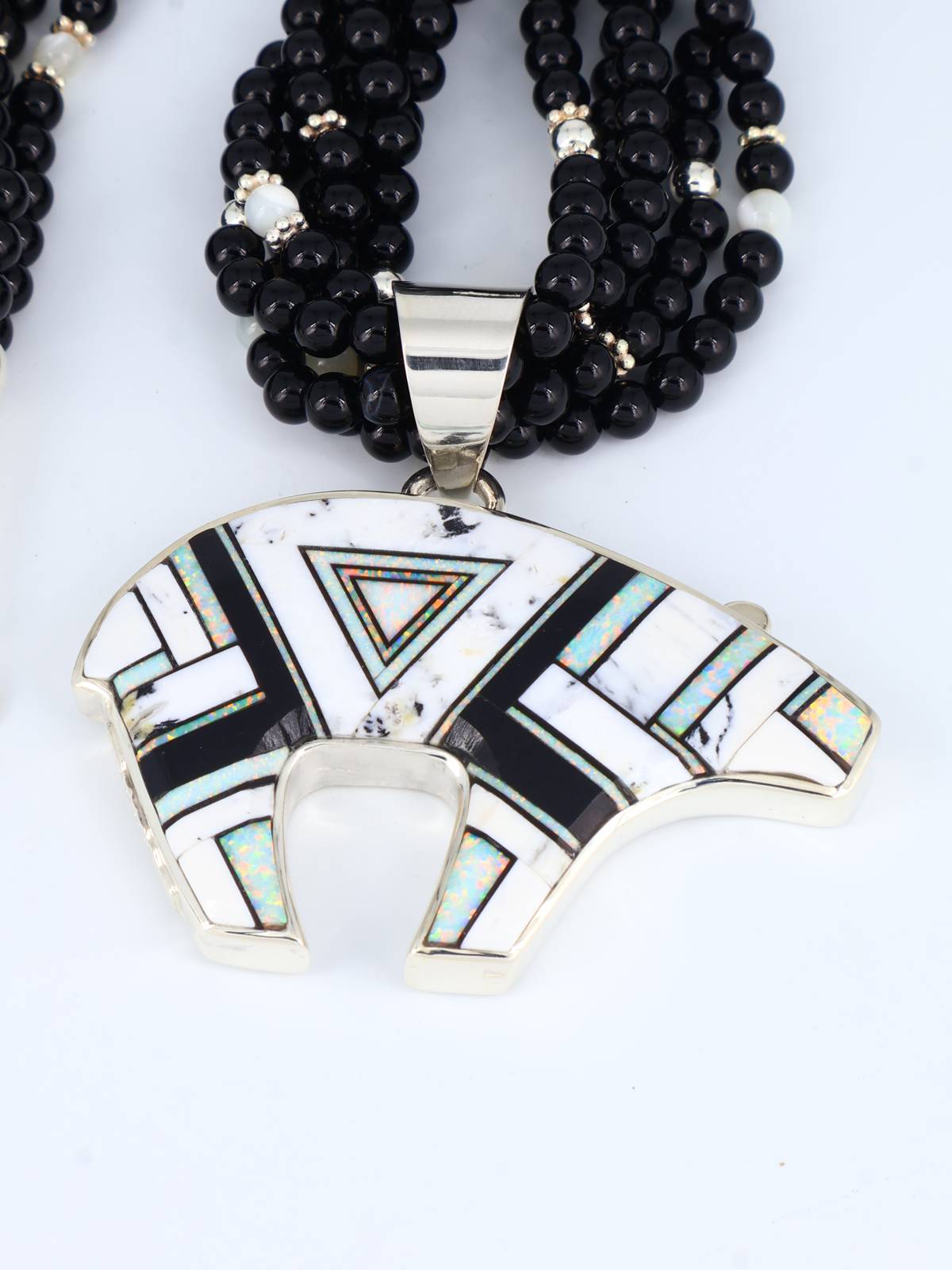 Navajo White Buffalo Inlay Reversible Bear Pendant Beaded Necklace - PuebloDirect.com