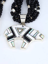 Navajo White Buffalo Inlay Reversible Bear Pendant Beaded Necklace - PuebloDirect.com