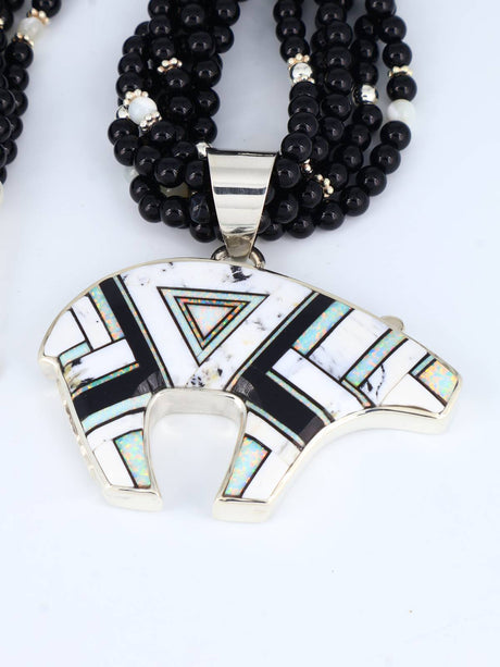 Navajo White Buffalo Inlay Reversible Bear Pendant Beaded Necklace - PuebloDirect.com