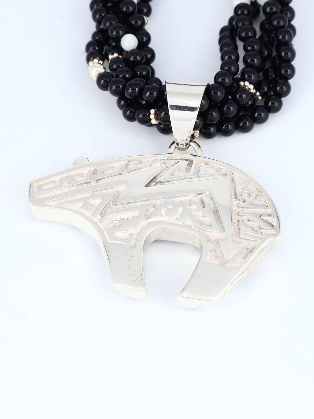 Navajo White Buffalo Inlay Reversible Bear Pendant Beaded Necklace - PuebloDirect.com