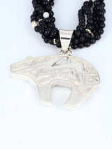 Navajo White Buffalo Inlay Reversible Bear Pendant Beaded Necklace - PuebloDirect.com