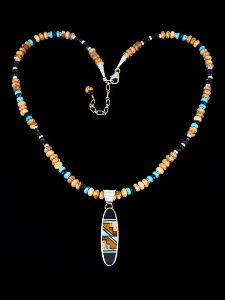 Navajo Sterling Silver Onyx and Jasper Inlay Pendant and Necklace - PuebloDirect.com