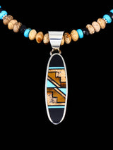 Navajo Sterling Silver Onyx and Jasper Inlay Pendant and Necklace - PuebloDirect.com
