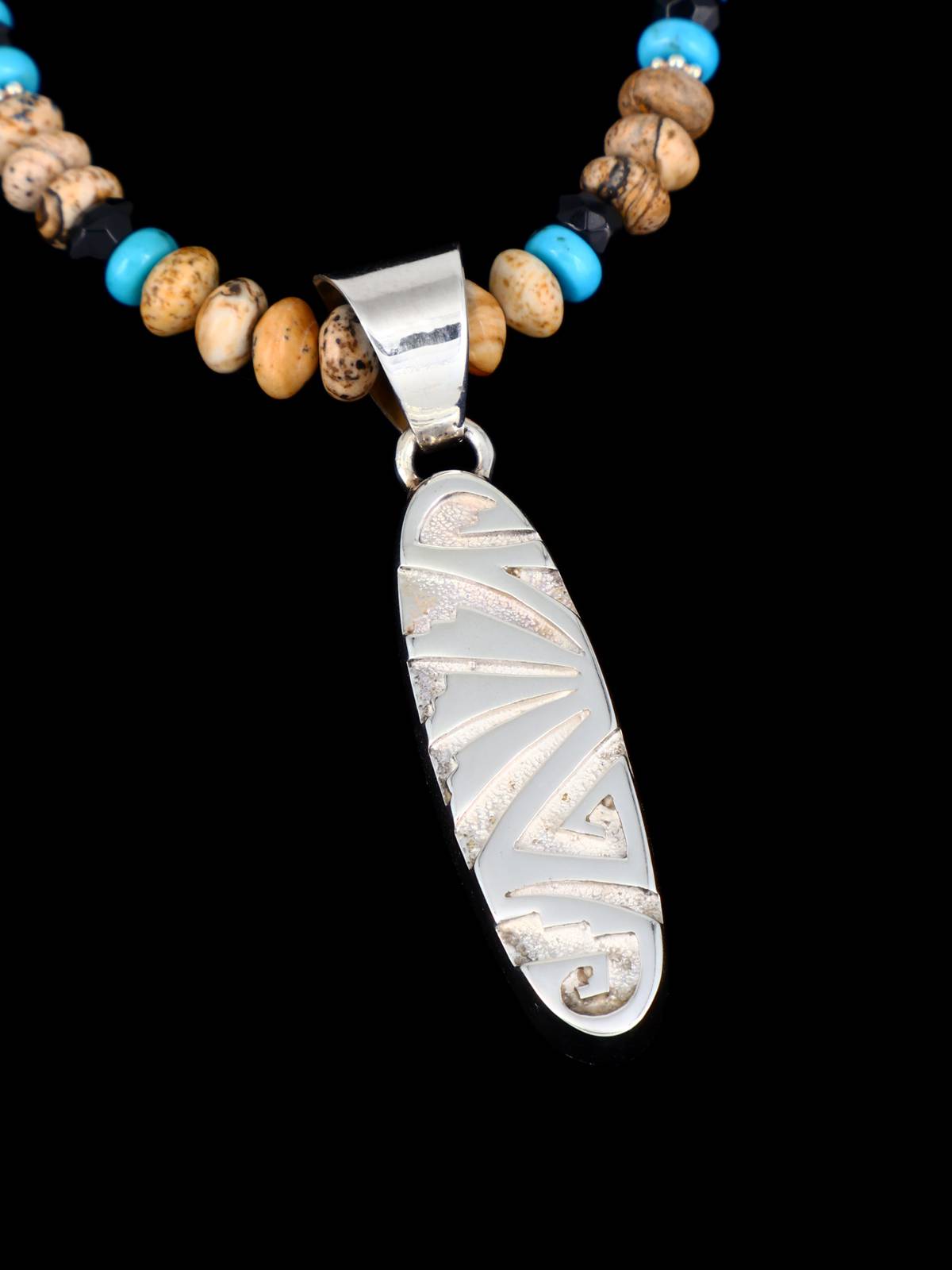 Navajo Sterling Silver Onyx and Jasper Inlay Pendant and Necklace - PuebloDirect.com