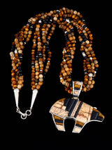 Navajo Onyx and Jasper Inlay Reversible Bear Pendant Beaded Necklace - PuebloDirect.com