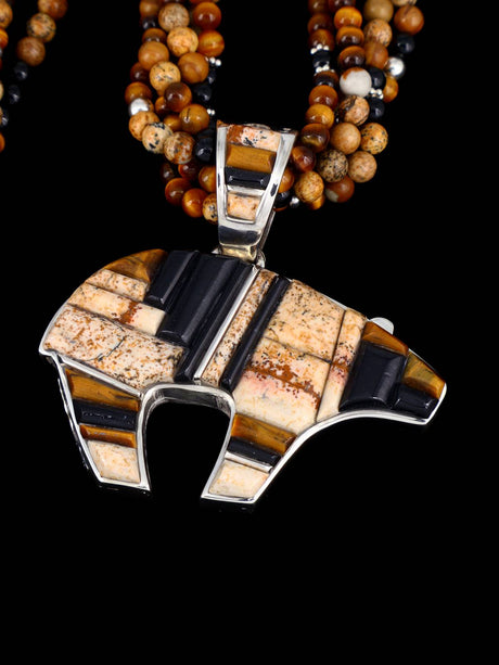 Navajo Onyx and Jasper Inlay Reversible Bear Pendant Beaded Necklace - PuebloDirect.com